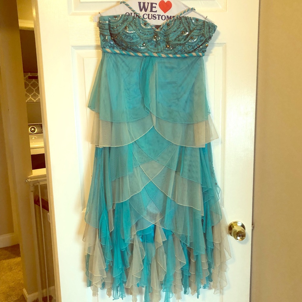 Turquoise and Tan Ruffled Dress
